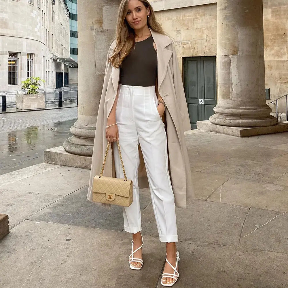 Duoperi Women High Waist Solid Trousers Chic Office Workwear Long Pants
