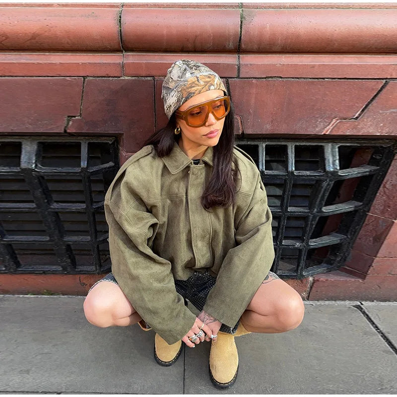 Fashion Suede Green Jackets Coat Women Lapel Full Sleeve Zipper Bomber Coats 2026 Spring New Loose Lady Street Solid Outwears