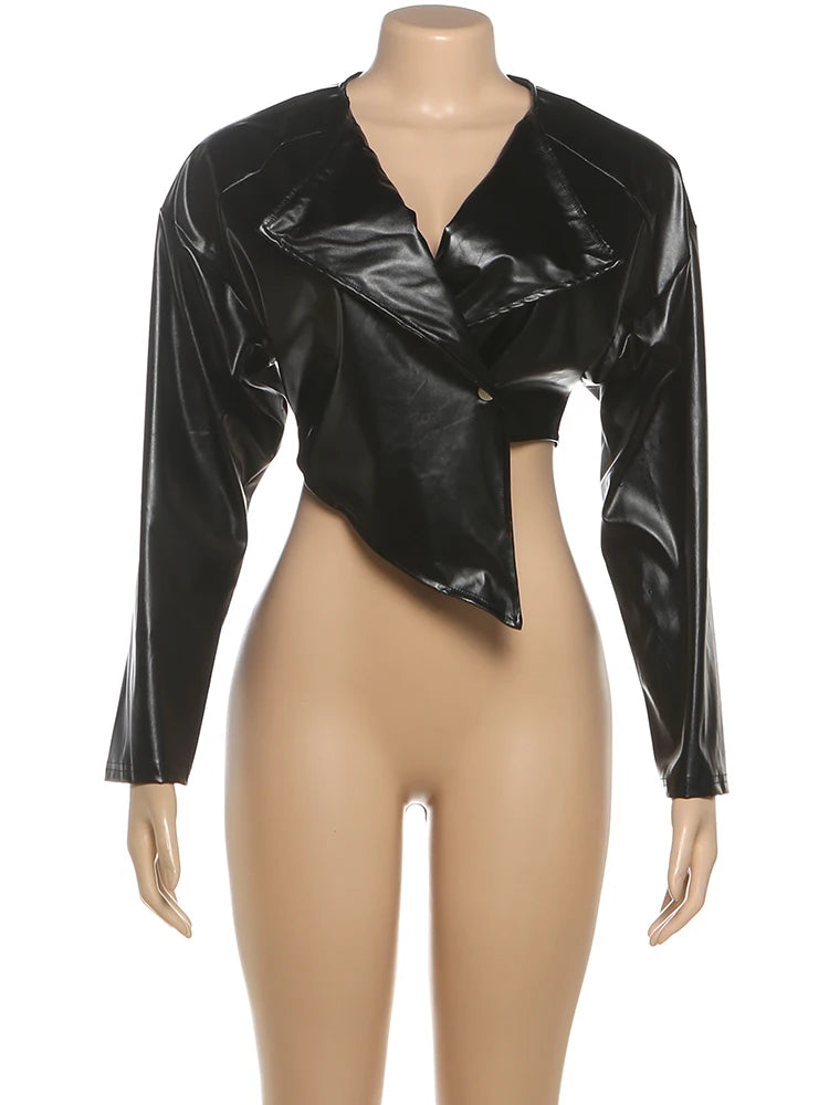 Weird Puss Faux Leather Crop Jacket Women Cross Neck Hipster Single Button Irregular Fall Trend Wild Basic Sexy Streetwear Coat