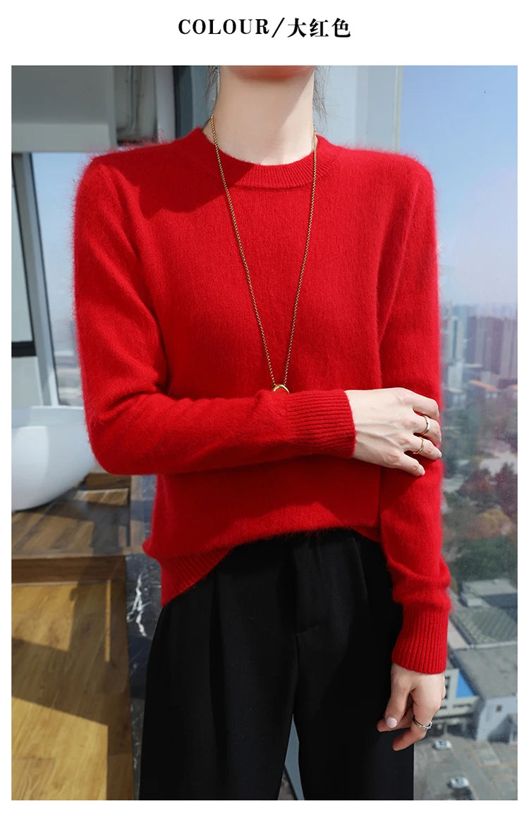 Autumn and winter women's semi high neck pullover sweater solid color knitted slim fit women's 100 mink cashmere sweater new sty