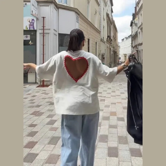 Y2k Style White Oversized T Shirt Women Fashion Backless Heart Cutout Red Trim Half Sleeve Tops Summer Casual Streetwear Outfits