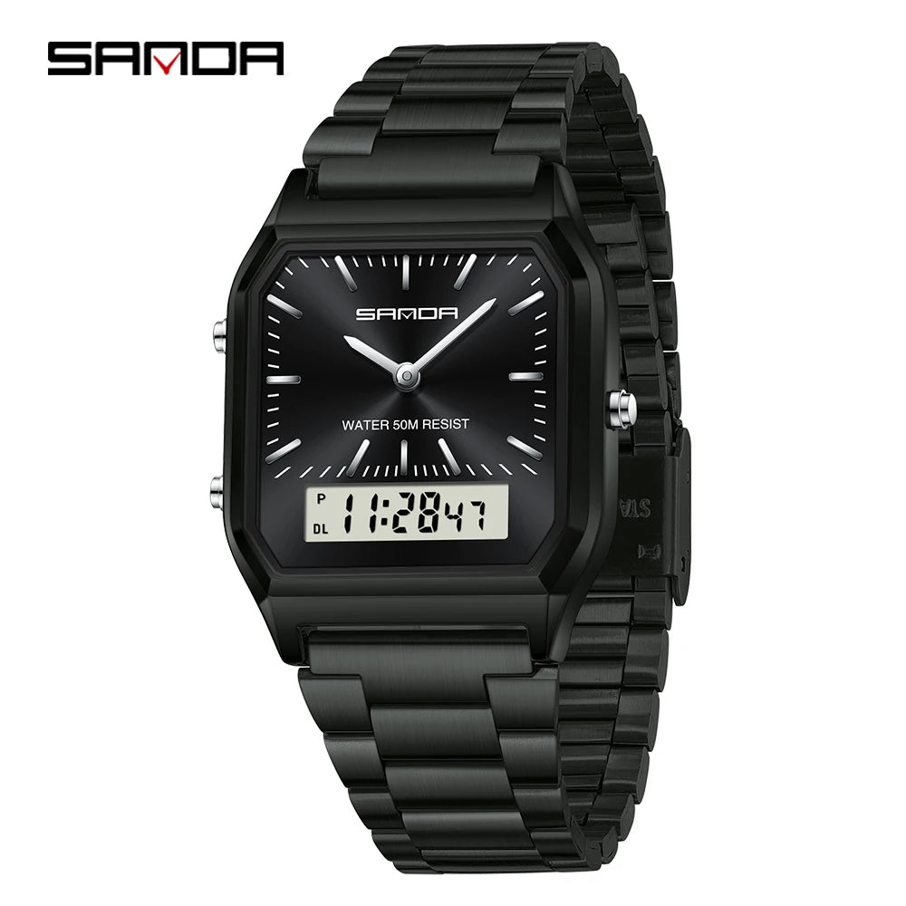 SANDA Men's and Women Watch Fashion Watches Business Style Alarm Clock Man Digital Wristwatch Square Dial Stainless Steel Strap