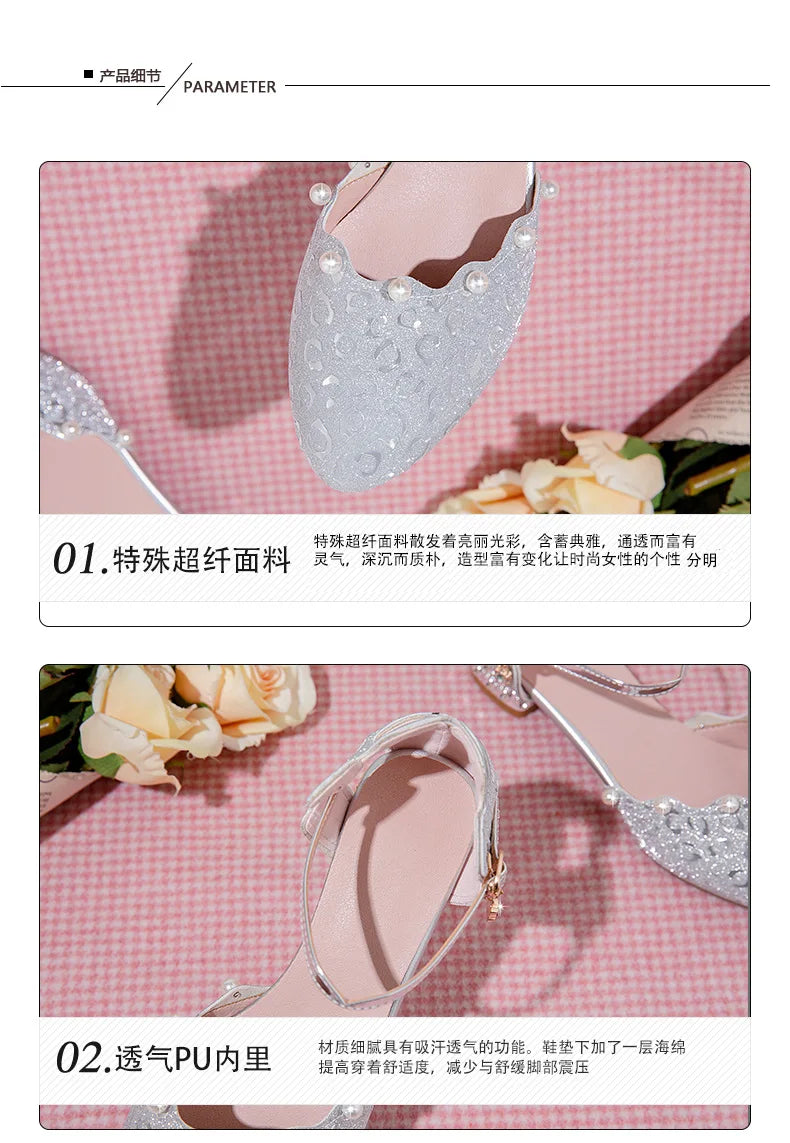 Princess Kids Leather Shoes Girls Sandal Sweet Pearl Casual Glitter Children High Heels Girls Party Dance Shoes Pink Gold Silver