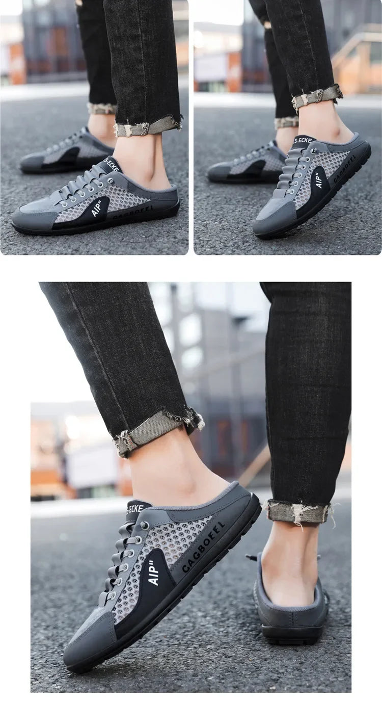 Men's Summer New Large Size Comfortable Half Support Fashionable Korean Style Breathable Popular Casual Shoes Mesh Lining