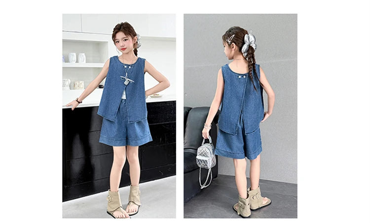 High Fashion Children Summer Denim Suit for Girls Casual Vest + Shorts 2 Piece Clothing Set Kids Trendy Street Outfit Age 5-14 Y