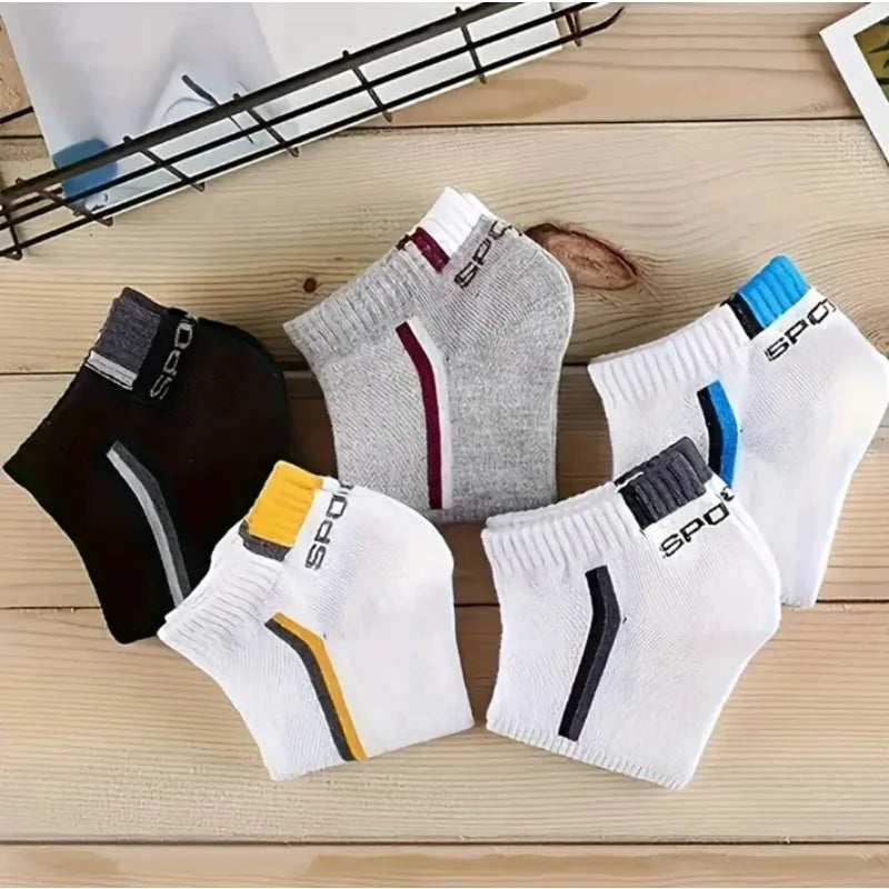 5pairs of Men's Women's Seasonal Fashionable Sports Socks with Striped Cotton Sweat Absorbing Breathable Comfortable Ankle Socks