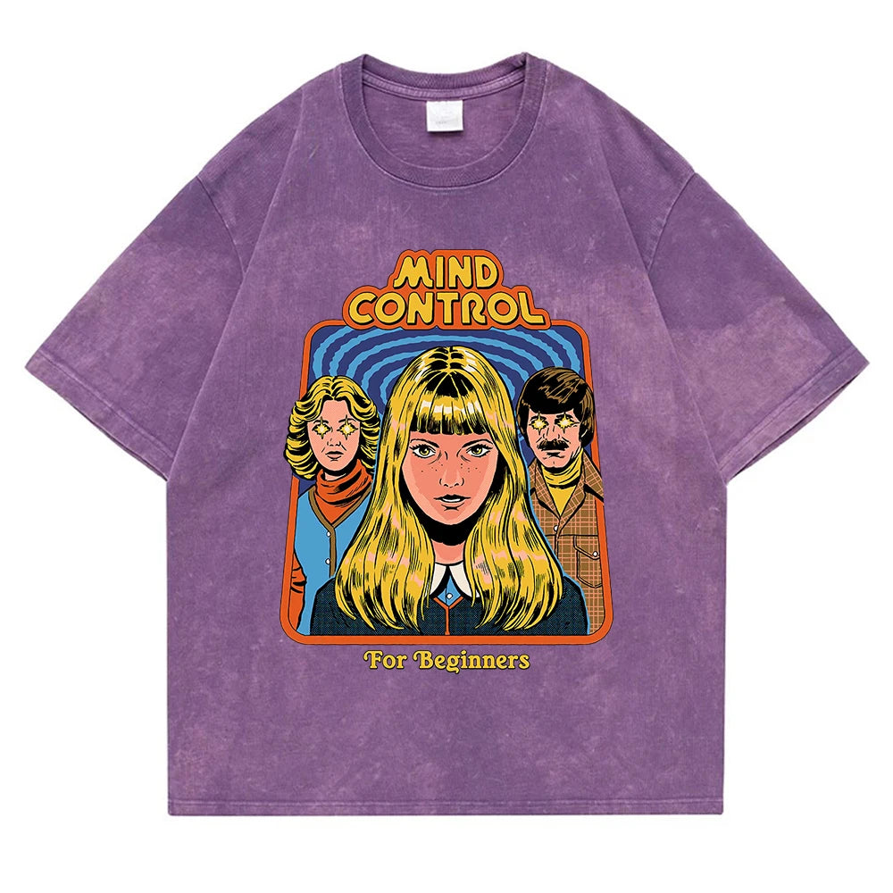 Mind Control For Beginners Washed Retro Men T Shirt Casual Oversize T-Shirt High Quality Cotton T-Shirt Summer Short Sleeve