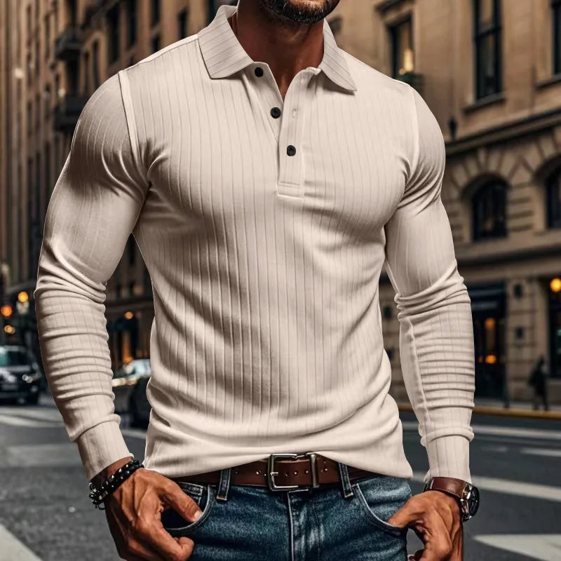 Cross-border autumn men's classic casual American lapel button-up long-sleeved T-shirt elastic pit strip polo shirt