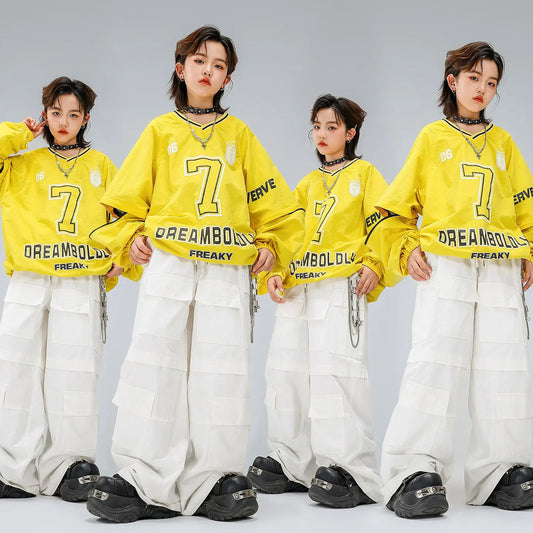 Streetwear Hip Hop Dance Set for Kids, Loose Sweatshirt with Denim Pants, Boys Girls Performance Costume Tracksuit