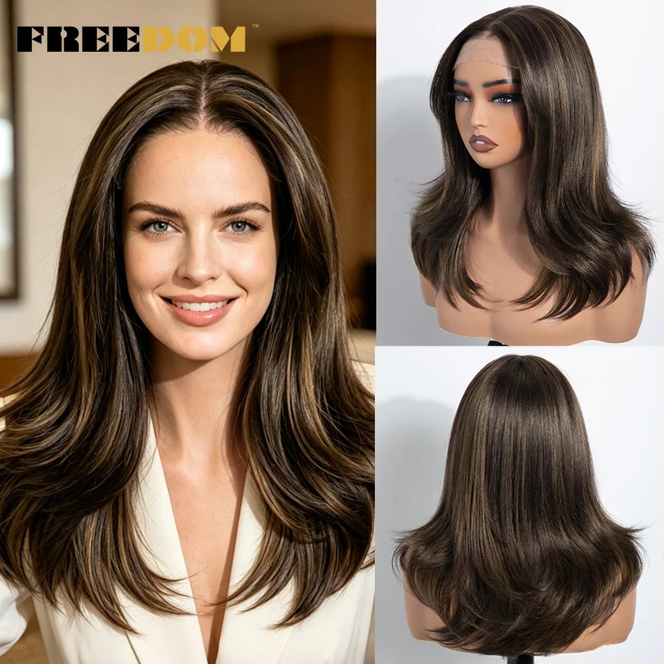 FREEDOM Synthetic Lace Front Wigs For Women 20" Layered Ombre Brown Blonde Wig 6x4 Pre-plucked Easy Wear And Go Glueless Wigs