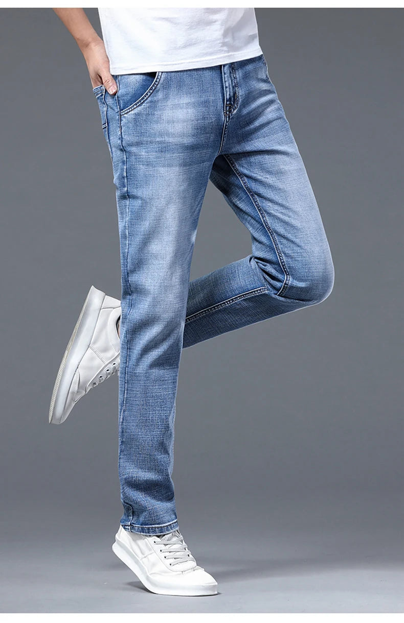 Classic Summer Men's Thin Stretch Fit Jeans Business Casual Slim Fit Denim Pants Soft Fabric High Quality Straight Leg Trousers