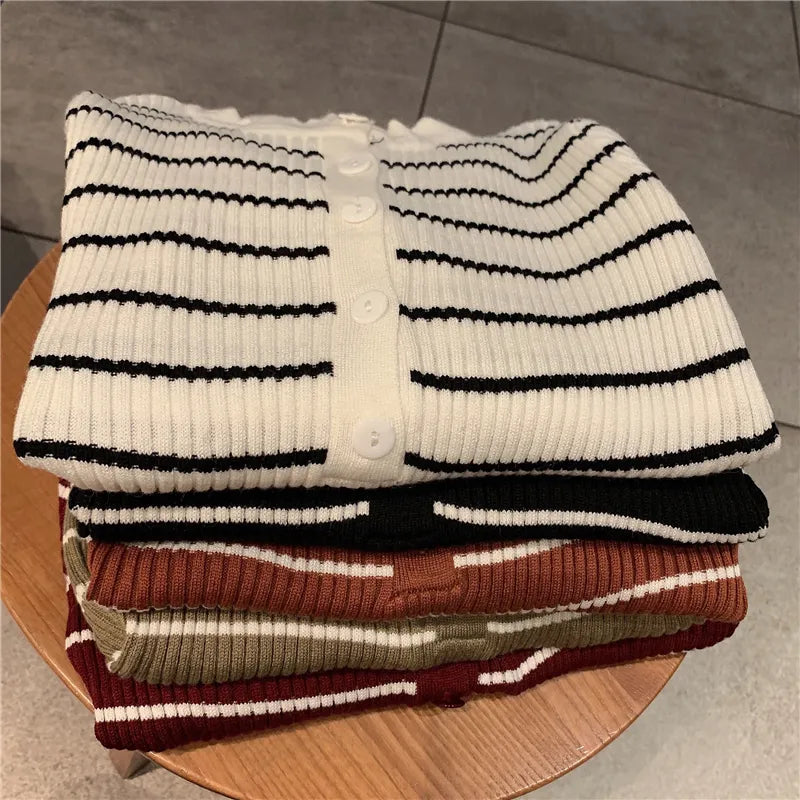 ITOOLIN Women Stripes O-neck Buttoned Up Sweaters Long Sleeve Knitted Sweater Slim Women Jumpers Tops Autumn Winter One Size