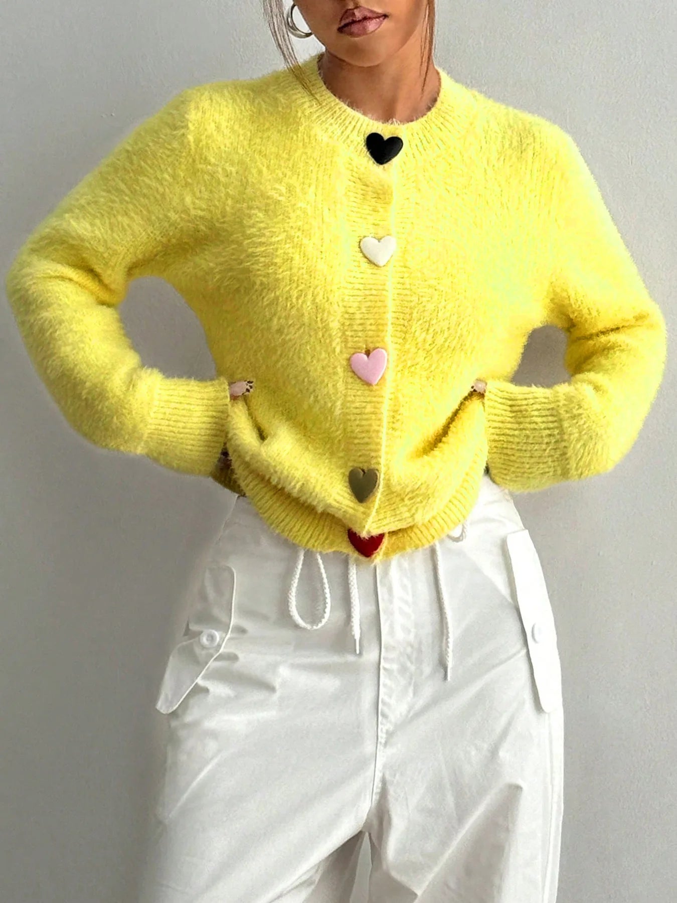 Autumn Winter Fashion Yellow Cardigan Women Heart Button Long Sleeve Knit Sweater Outerwears