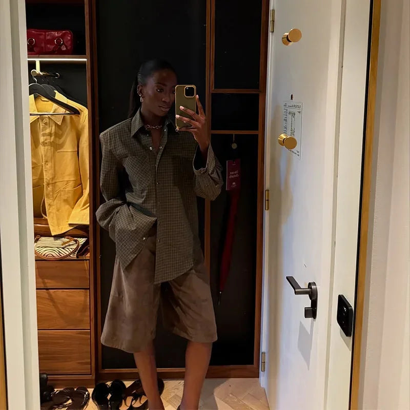 Casual Women's Green Plaid Shirts Loose Lapel Long Sleeve Single Breasted Pockets Female Shirt 2025 Autumn Lady All-match Tops