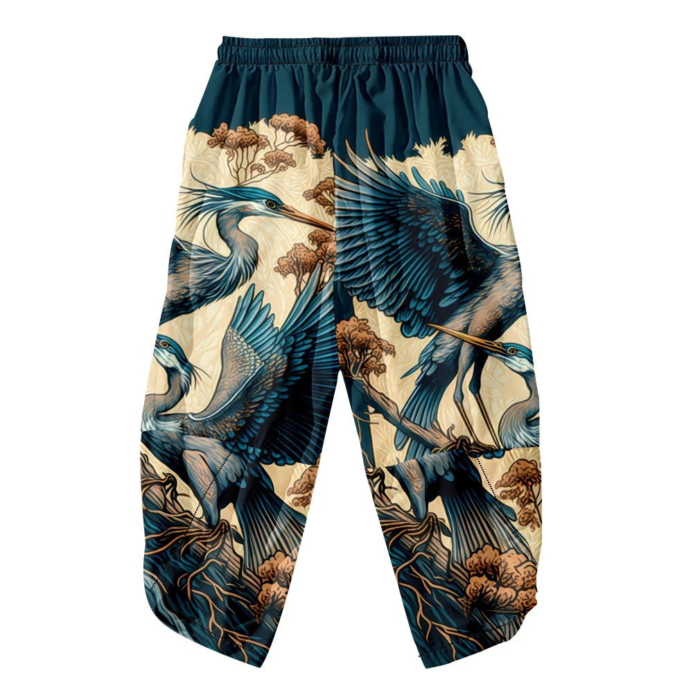 Men Yukata Style Harajuku Cardigan Traditional Japanese Great Wave of Kanagawa Crane Printed Trousers Asian Costume Kimono Pants