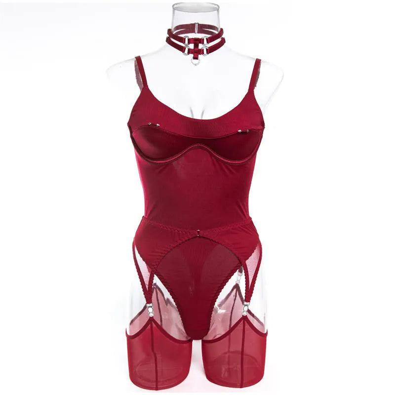 Sexy Bodysuit Set Tight Fitting Hot Girl Jumpsuit Highlight Body Shape Temptation Four Piece Set With Stockings Ballroom Attire