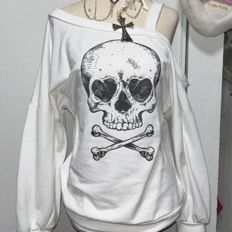 2000s Punk Style American Vintage Sexy Loose Long Sleeve Autumn T Shirts Y2k Casual Harajuku Subculture Skulls Print Tees Chic