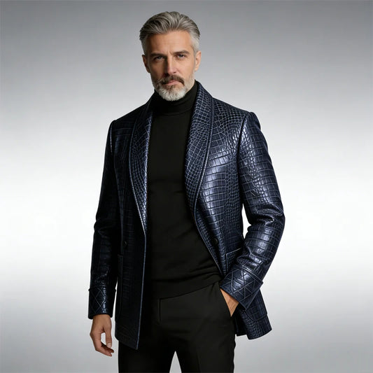 Men's Crocodile Pattern Leather Blazer 1 Button Shawl Collar Tuxedo Jacket Formal Business Wedding Coat Luxury Suit Outerwear