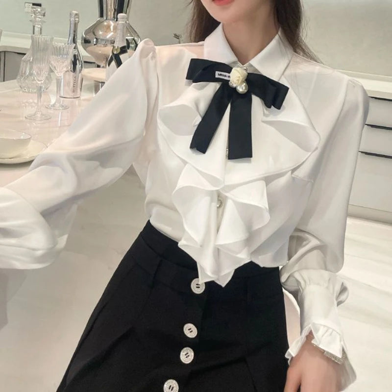 White Shirts Woman Lace Ruffles Blouses Sweet Female Peter Pan Coller Crop Long Sleeve Tops Preppy Ladies Temperament Tops Q190
