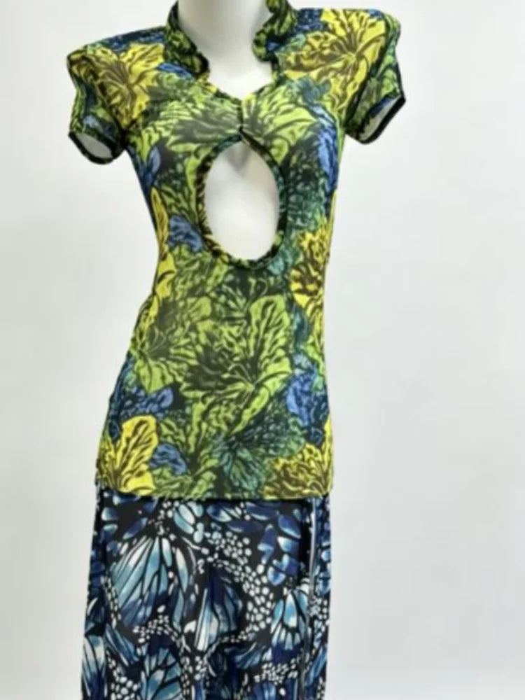 Jungle Butterfly Print Midi Dress Mandarin Collar Cutout Waist High Slit Dress 2026 Summer Festival Night Out Wear Women Vestido