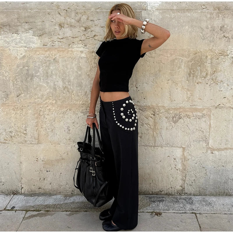 Studs Women Pants Solid Color Pants with Spiral Arranged Studs High Waist Straight Leg Pants Stylish Ladies Outfit  Street Style