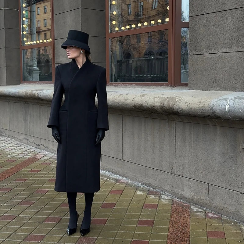 Elegant Long Coat Women V-neck Solid Slim Single-breasted Waist-closed Jackets Lady 2026 Spring Chic Female Streetwear