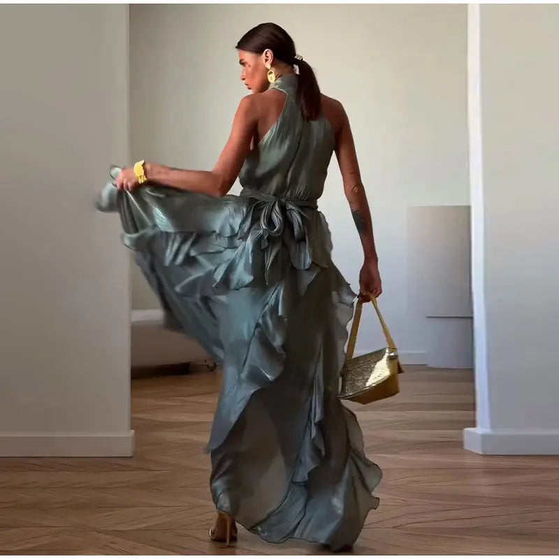 Sexy Cascading Ruffle Pleated Women Long Dress Fashion Lace Up Sleeveless Empire Female Dresses 2026 Spring Summer Lady Robe New