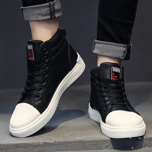 Fashion Leather Men Canvas Shoes Casual High-Top Shoes Autumn Men Non-Slip Tennis Sneakers Summer Flat Shoes Zapatillas