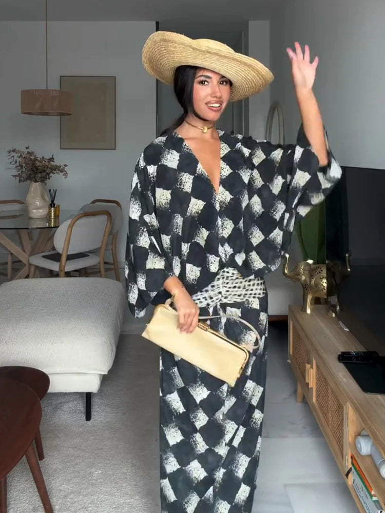 Elegant Plaid Printed Women's Dress V-neck Batwing Sleeve Waist Cinching Long Dress 2026 Spring Summer Casual Holiday Lady Robes