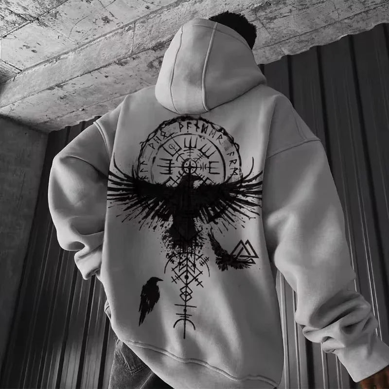 Men's Viking Totem Printed Hooded Sweatshirt Y2K Hooded Sweatshirt Loose Eagle Pattern Sportswear BAZAARHUBO