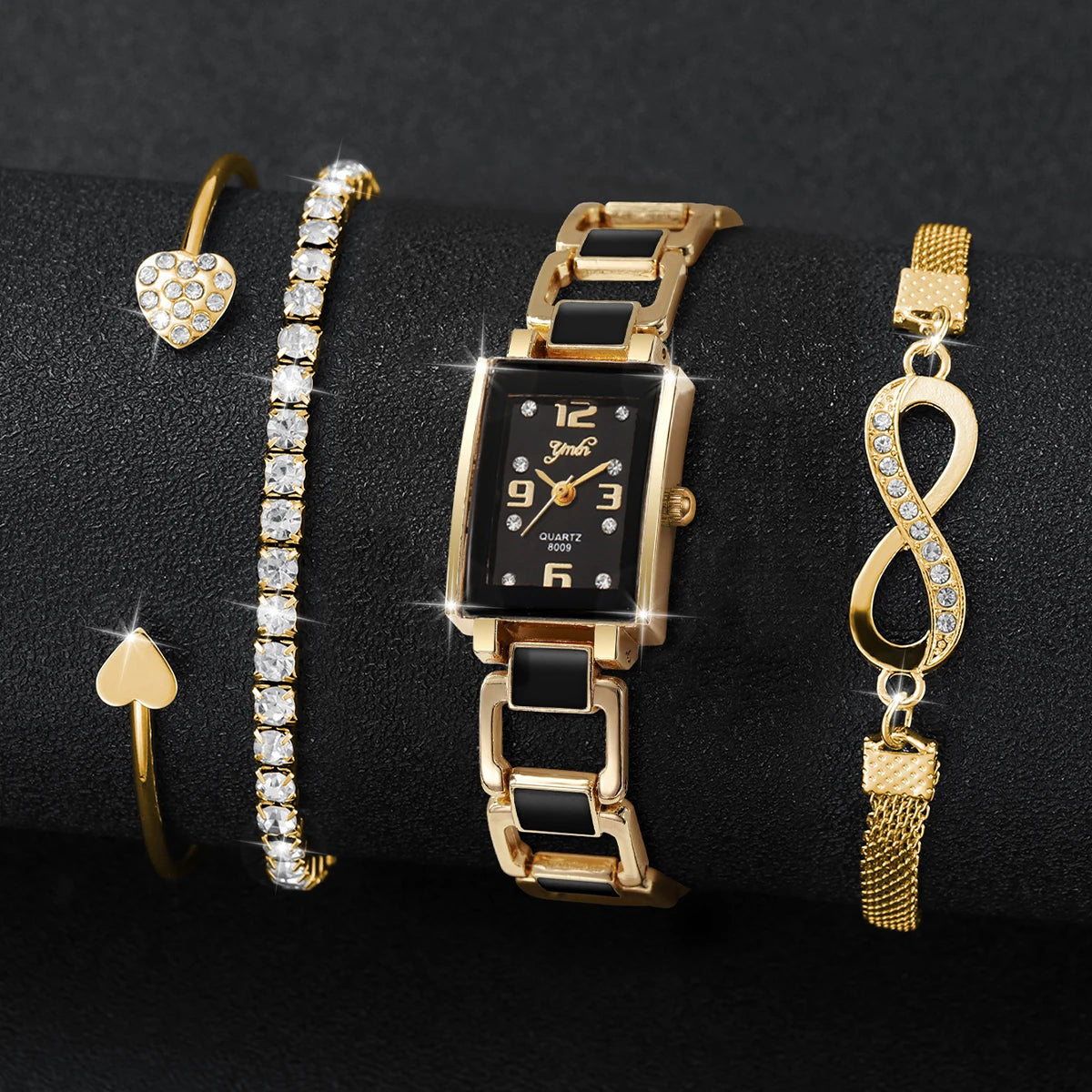 4PCS Elegant Square Women Watches Rhinestone Bracelets Set Fashion Ladies Quartz Wristwatch Clock Reloj Mujer（Without Box）