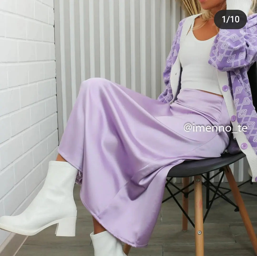 Elegant Women's Skirts High Waist Silk Satin A-line Skirt Lady Fashion Solid Color Purple Long Skirts for Women Fashion 2026