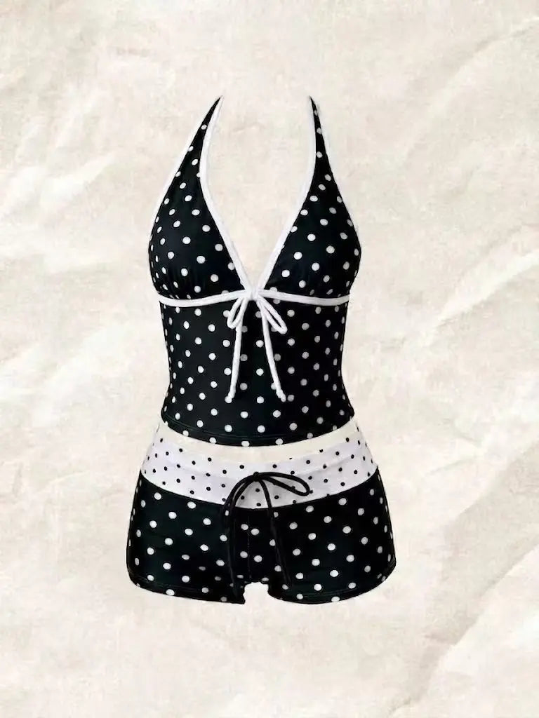 Seaside Style Womens 2-Piece Swim Suits Halter V Neck Tie Cami Top Slim Fit Contrast Waistband Holiday Beach Swimming Wear