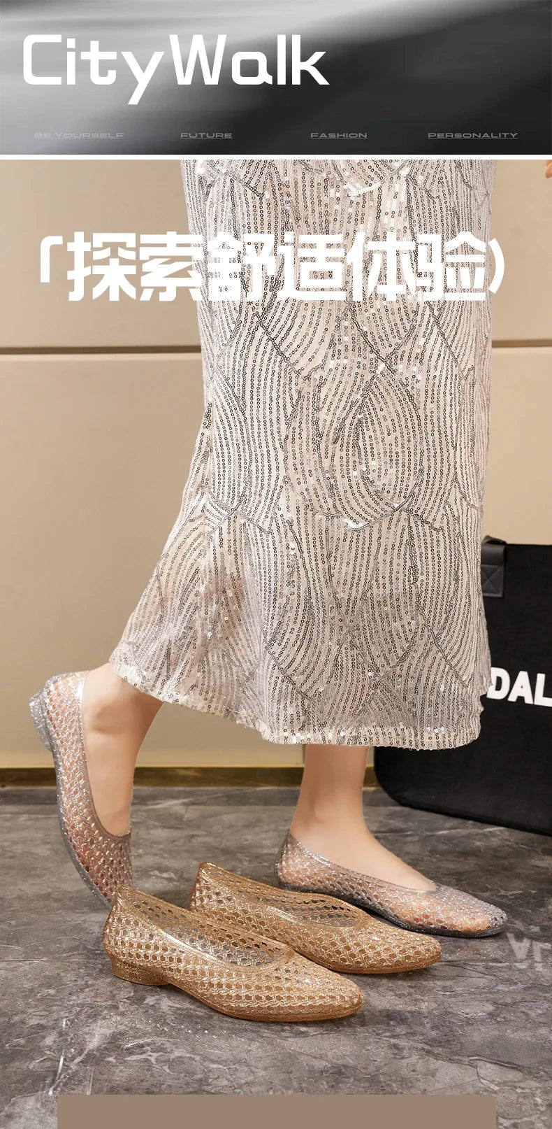 Summer Flat Sandals Women Hollow Out Crystal Plastic Jelly Shoes Mesh Outdoor Sandals