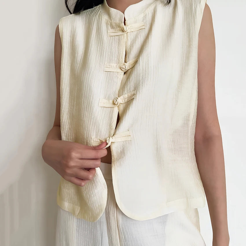 Linad Vintage Chinese Knot Stand Collar Vest Female Street  Apricot Stand Collar Tank Tops Summer Casual Sleeveless Tops 2026