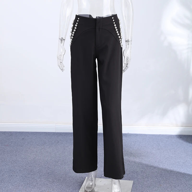 Studs Women Pants Solid Color Pants with Spiral Arranged Studs High Waist Straight Leg Pants Stylish Ladies Outfit  Street Style