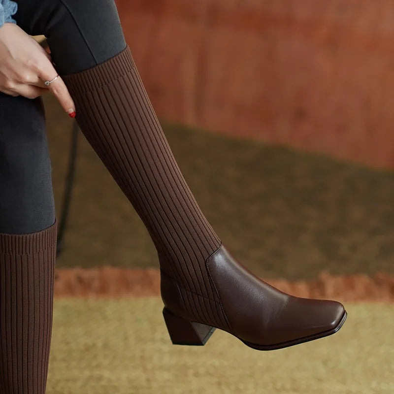 Women Knee-High Sock Boots 2022 New Fashion Knitting Stretch Cloth PU Stitching Long Boots Female Square Toe High Heels