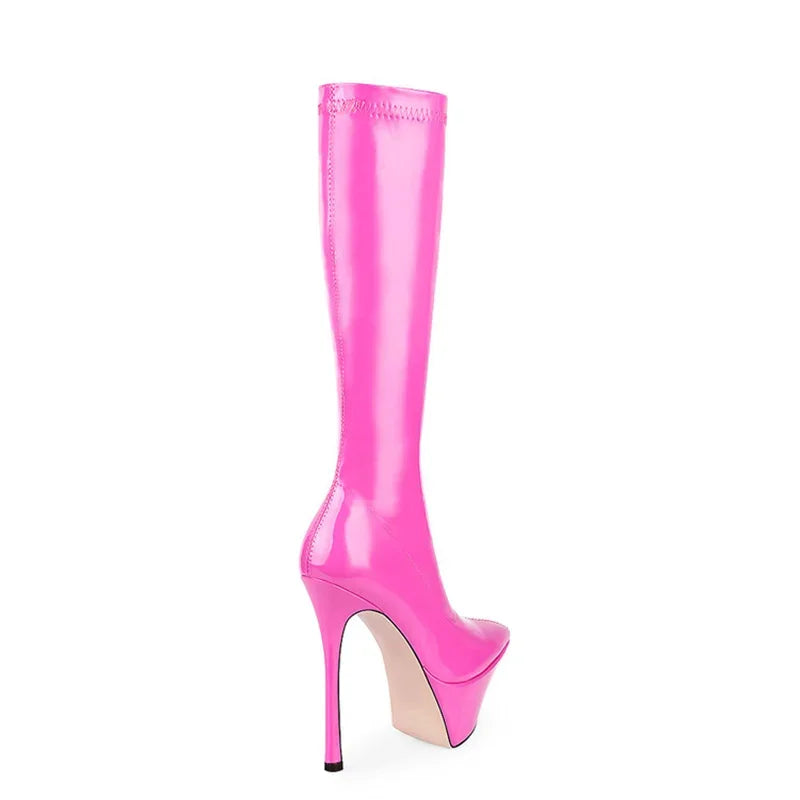 New Women Knee High Boots Patent Leather Pointed 15cm High Heels Winter Short Plush Waterproof Platform Girl Boots Large 34-45