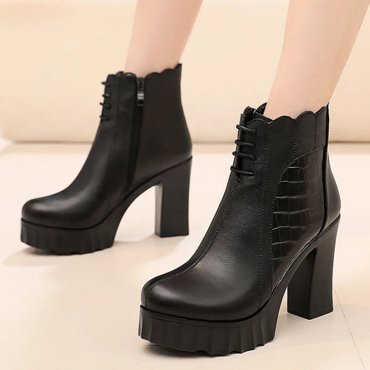 10cm Small Size 32-43 Elegant Fashion Soft Leather Boots Women Platform Shoes 2025 Winter Block High Heels Ankle Boots Office