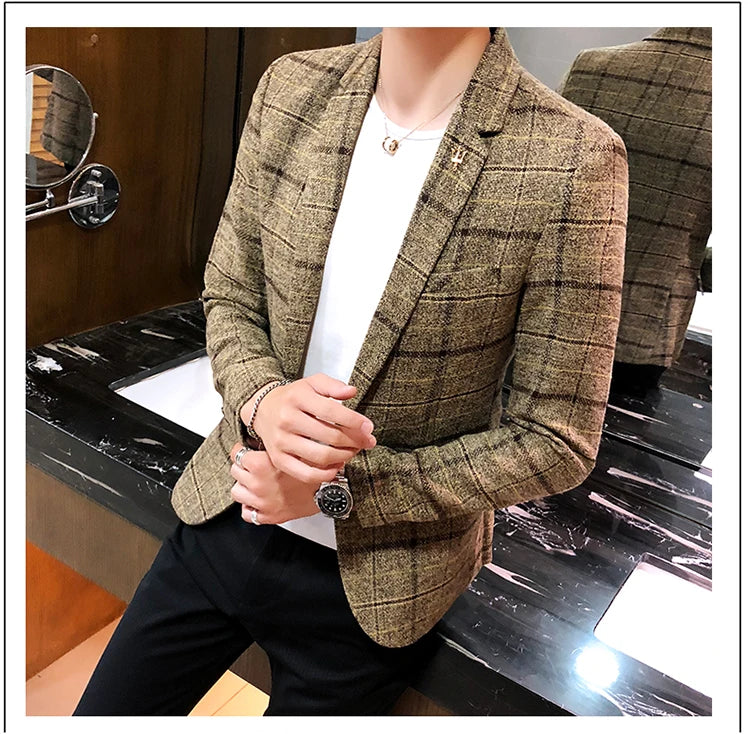 Spring and Autumn New Boutique Japanese Style Print Stand Collar Mens Casual Jacket Slim Male Coat Male Plaid Suit Jacket Blazer