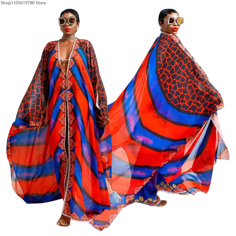 African Dresses for Women See-Through Chiffon Sexy V-neck Bohemian Printing Maxi Dresses Africa Kimono Bikini Holiday Beachwear