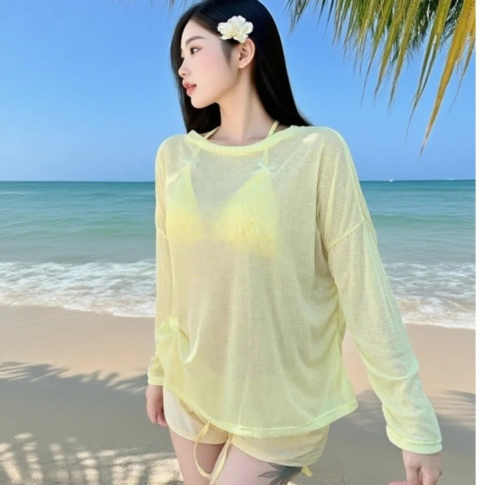 Casual Lace-up Women's Swimwear Set Mesh Transparent Beachwear 4Pieces Bikini Swimsuit Sun Protection Loose Bathing Suit Party