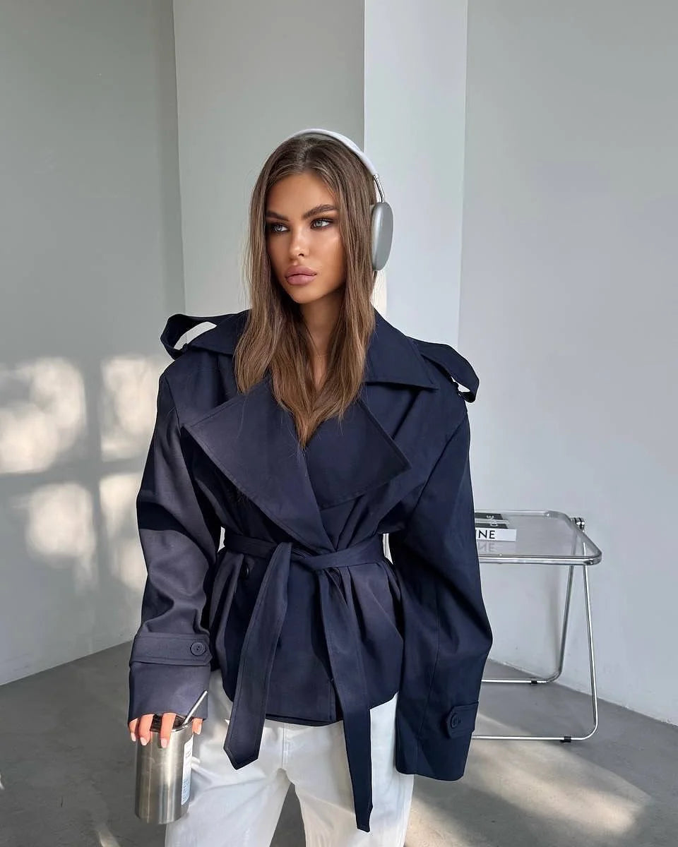 Lace Up Cropped Trench Coat Fashion Women Lapel Long Sleeves Wide Shoulder Windbreaker Jacket Lady 2026 Spring Commuting Outwear