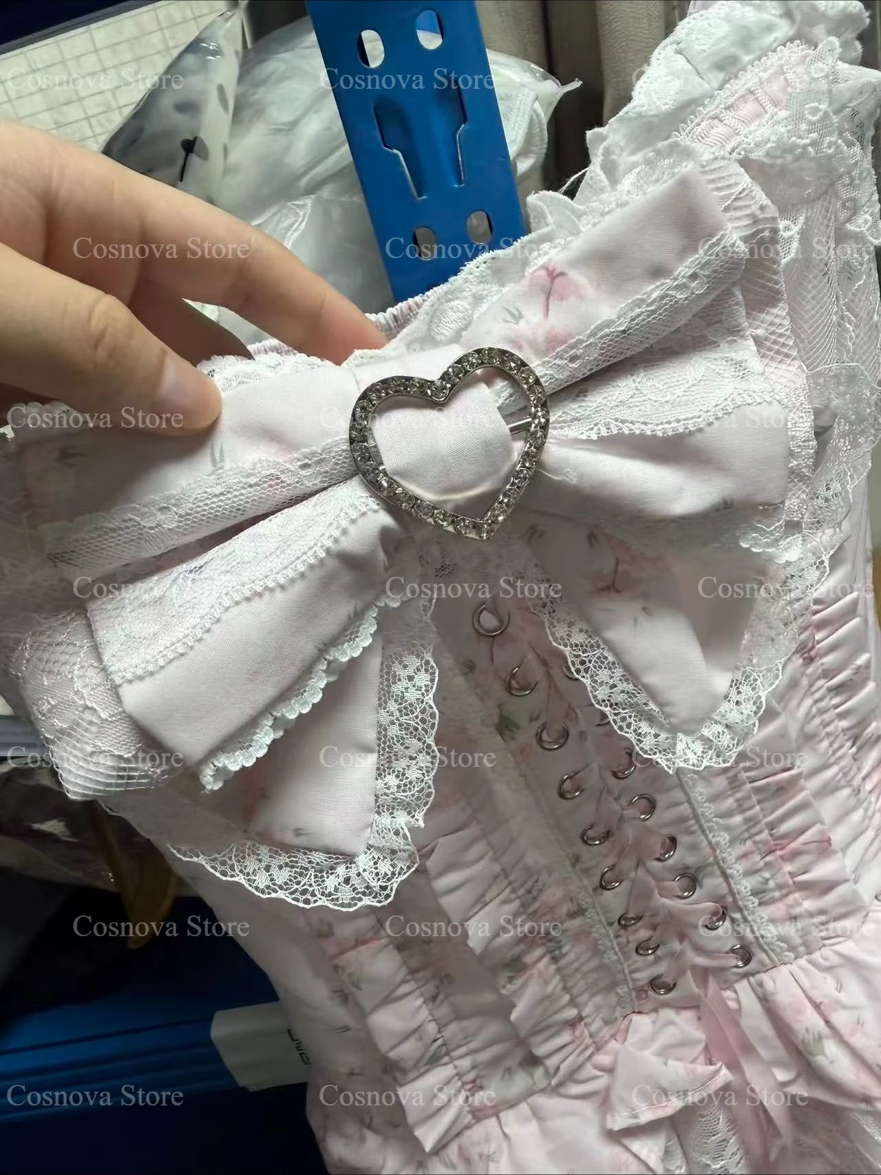 Japanese Sweet Lolita lace floral print two-piece set with bow and heart rhinestone buckle, ruffled lace trim