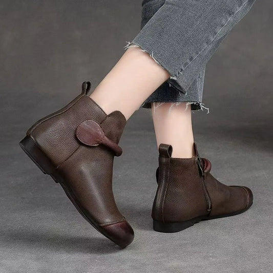 Retro Women Short Ankle Boots 2024 Autumn Winter Faux Cow Leather Slip-on Shoes Handmade Round Toe Light Weight Flat Booties