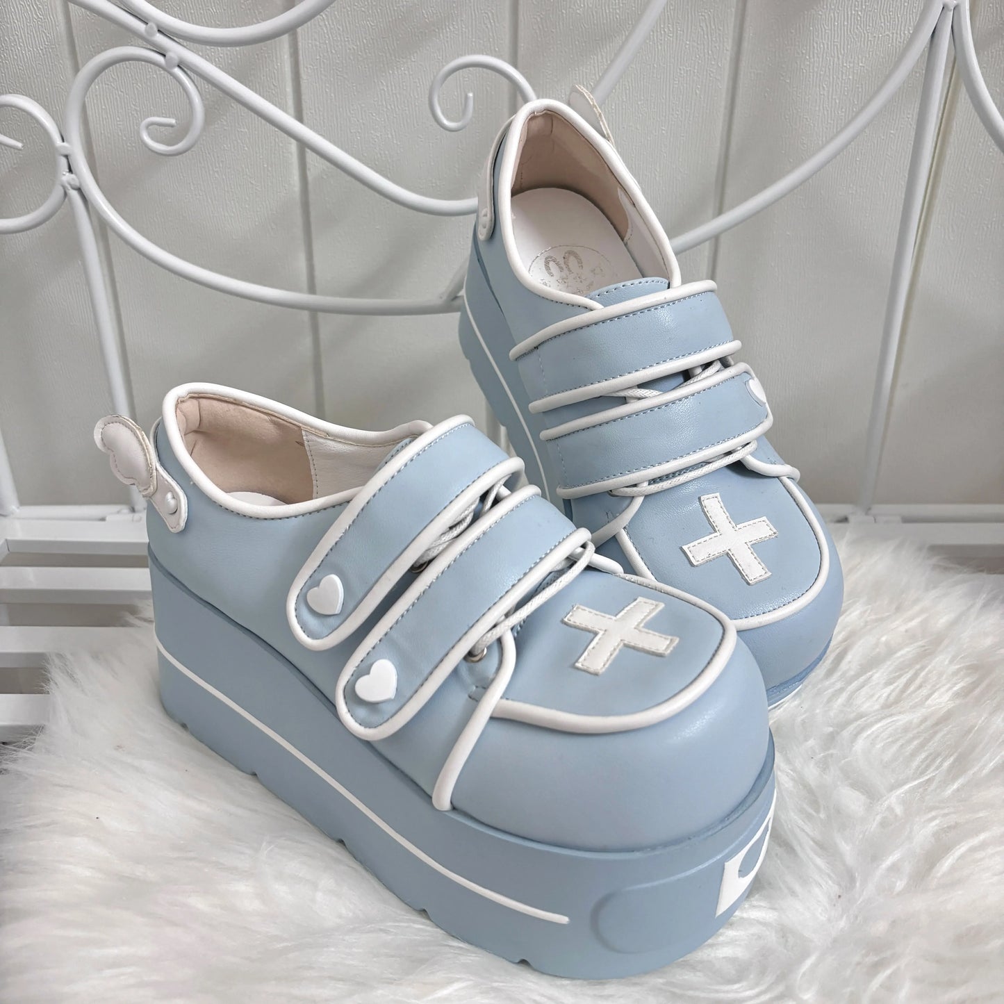 Original Japanese Cute Cross Print Thick-soled Muffin Shoes Subculture Sweet Cool Girl Round Head Pu Leather High Heels Women