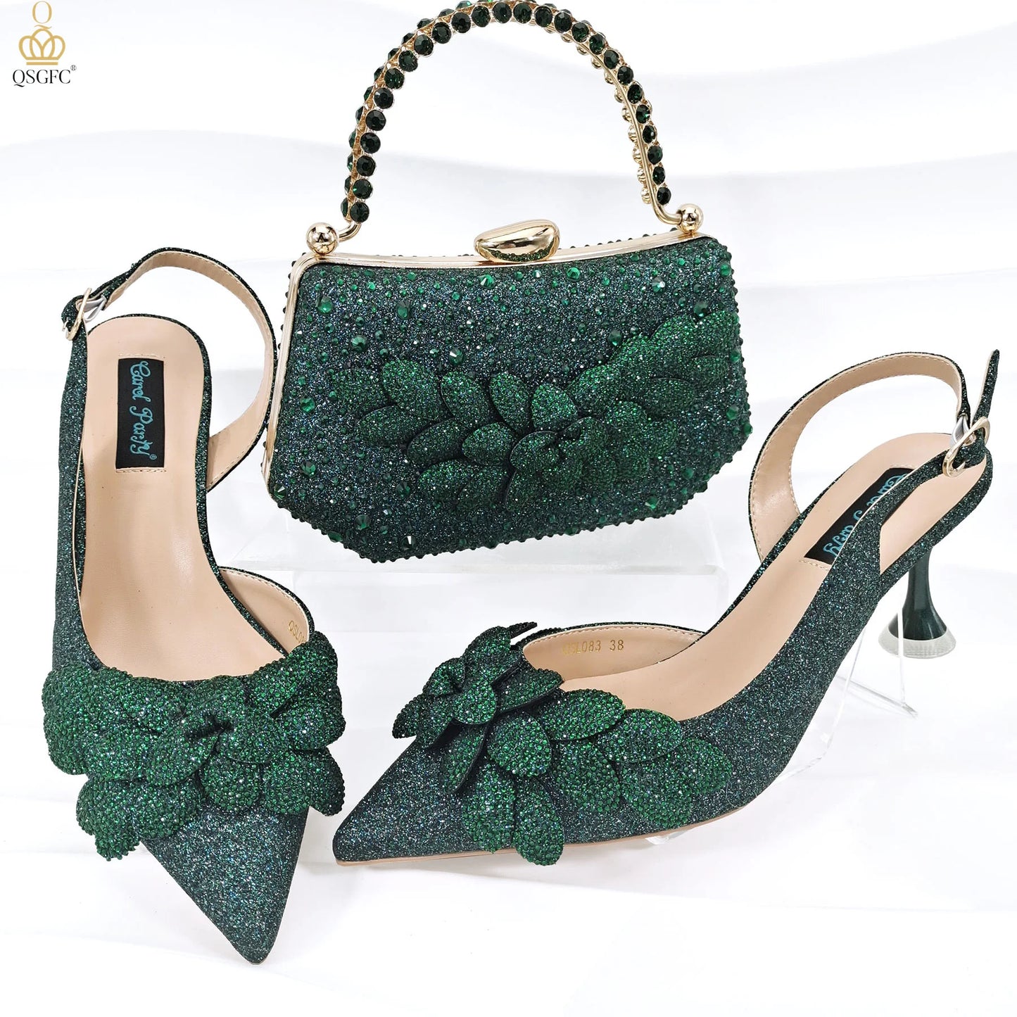 African Fashion Green Heels & Matching Bag Set | Women's Pointed Toe Pumps