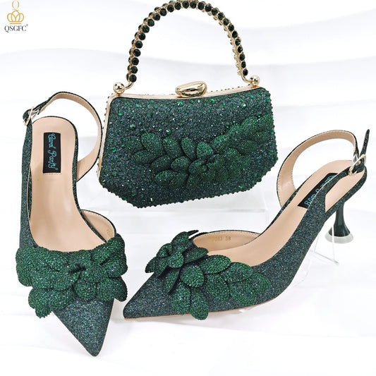 African Fashion Green Heels & Matching Bag Set | Women's Pointed Toe Pumps