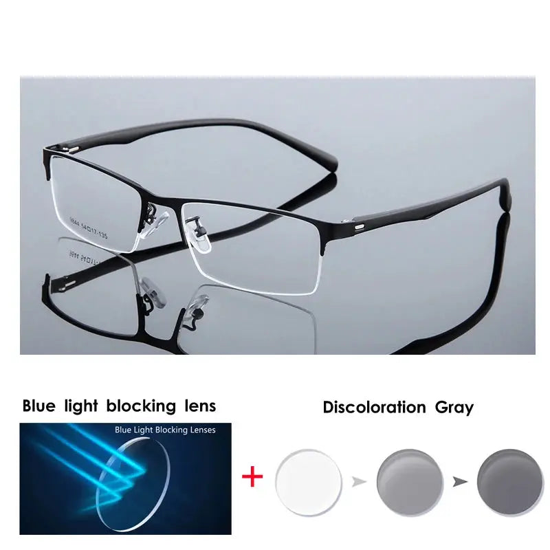 VCKA Half Frame Men Business Myopia Prescription Glasses Alloy Photochromic Anti Blue Ray Shortsighted Eyewear -0.5 TO -10 BAZAARHUBO