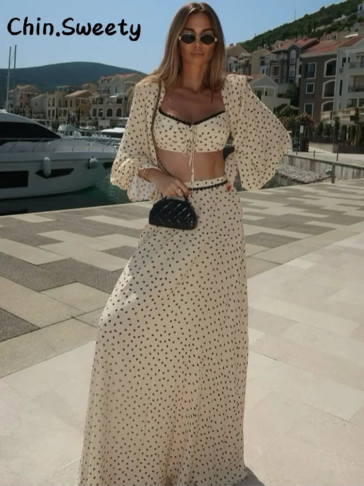Fashion Women's Polka Dot Long Skirt Set Square Neck Lantern Sleeve Lace Crop Top High Waist A-line Skirts 2026 Summer Lady Suit
